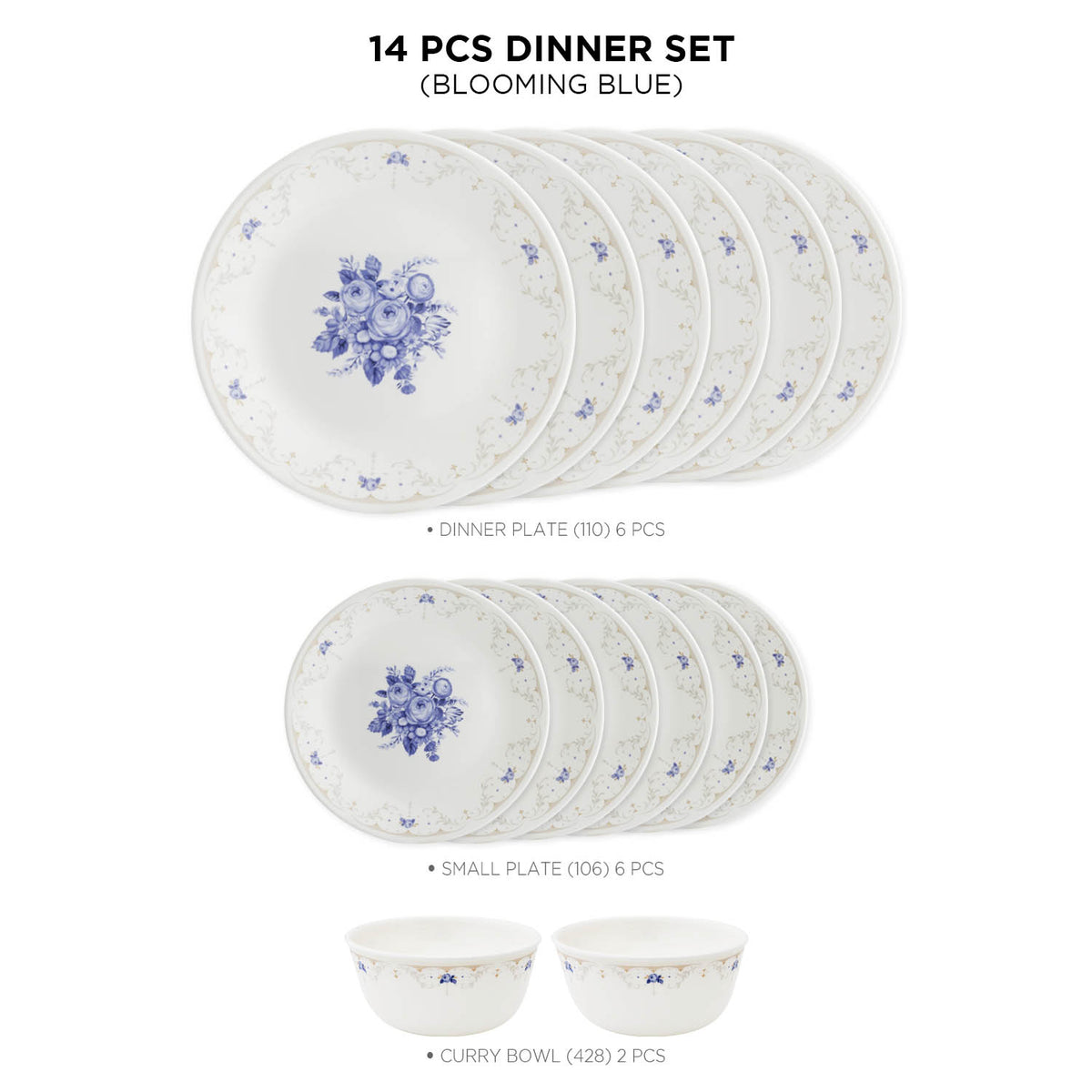 Corelle Asia Collection Gold Series Blooming Blue 14 Pcs Dinner
