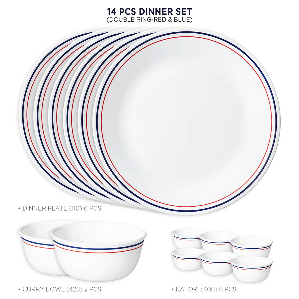 Corelle Livingware Series Double Ring Red-N-Blue Pattern 14 Pcs