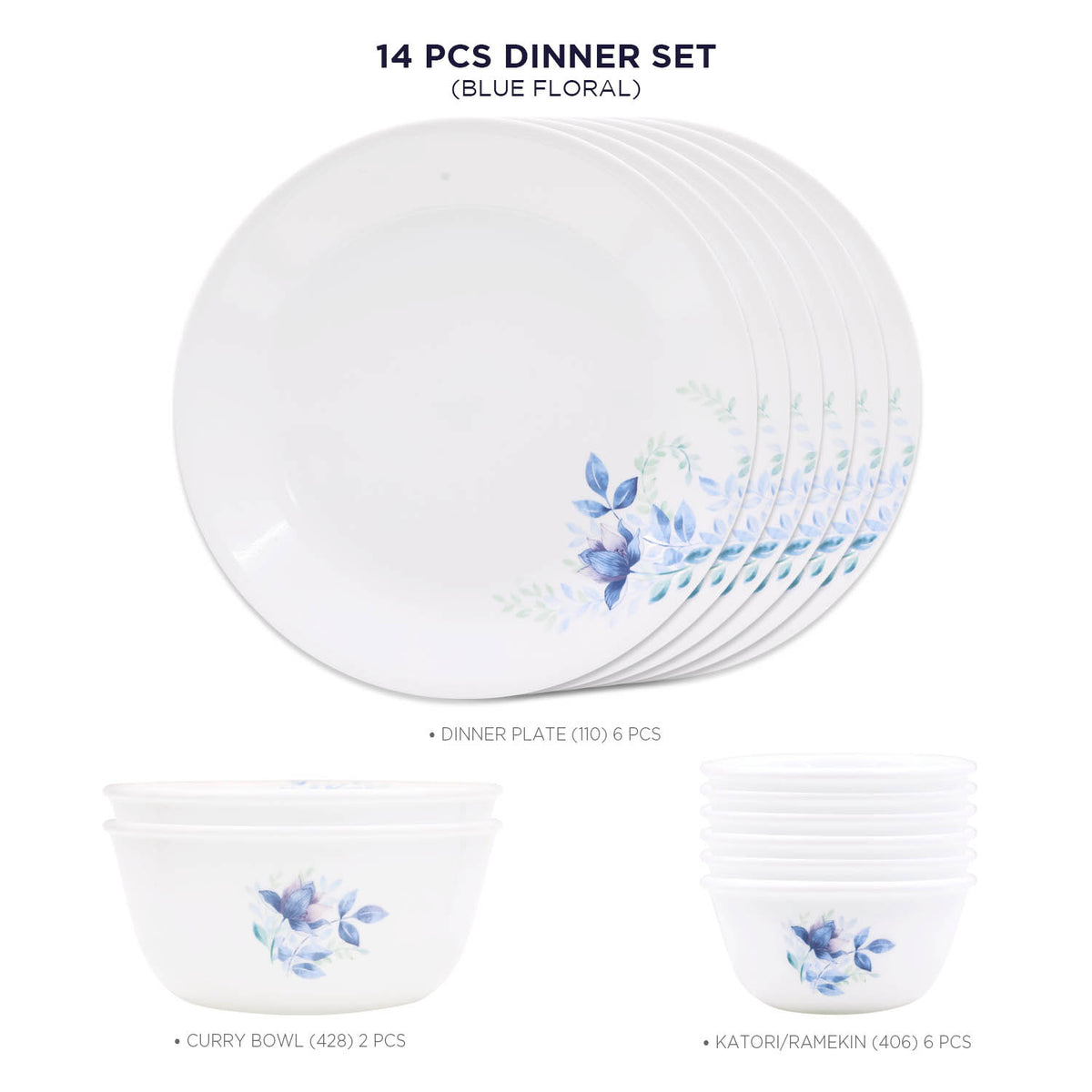 Corelle Blue Floral Dinner Set 14 Pcs For Family of Break