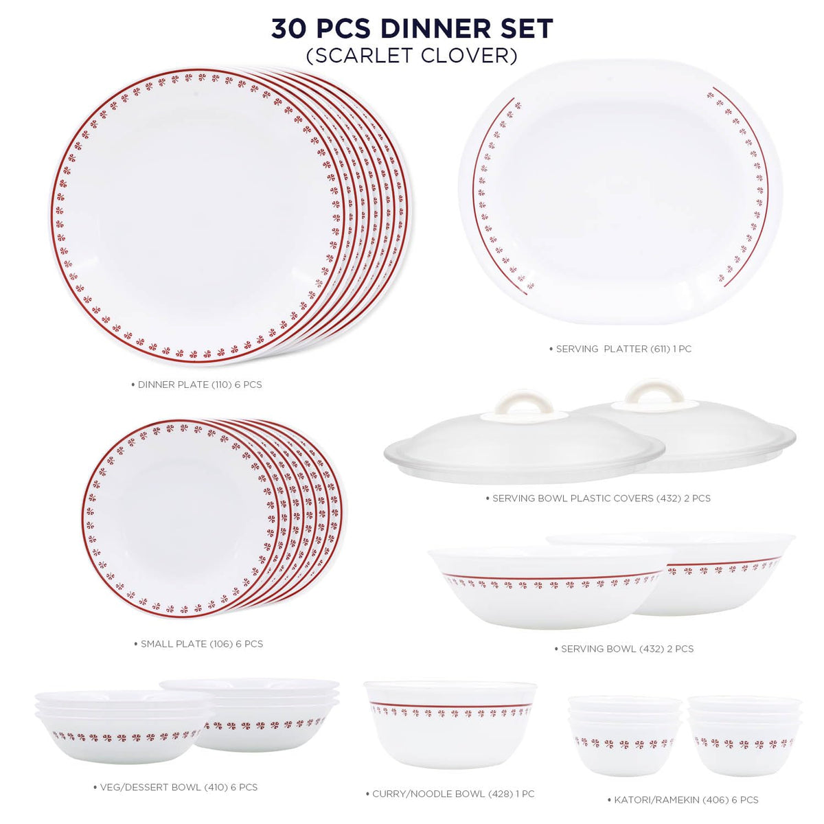 Corelle Scarlet Clover 30 Pcs Dinner Set For Family of 6| Break