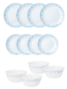 Corelle Livingware Morning Blue Utility Set (Pack of 12) 4 26cm Dinner Plate, 4 17cm Small Plate & 4 177 ml Katori