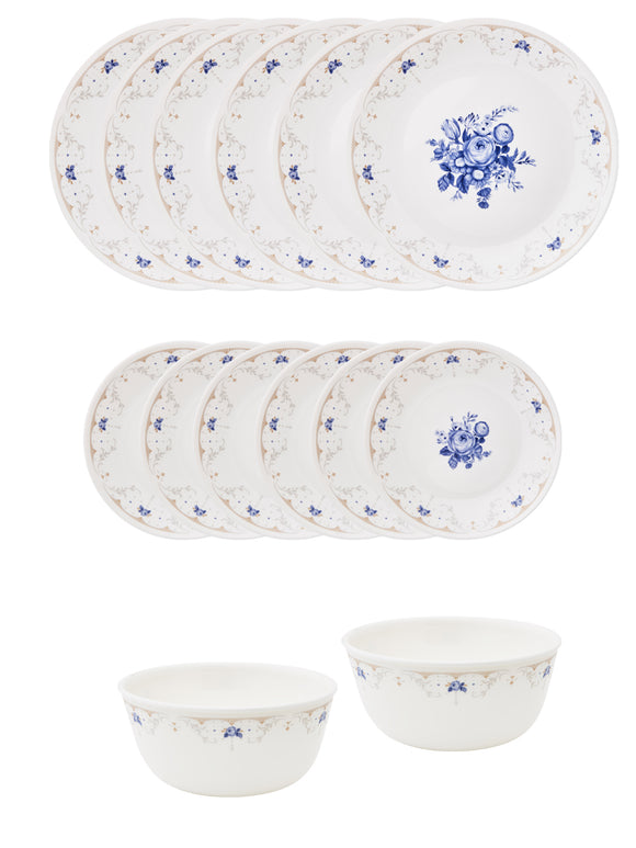 Corelle Asia Collection Gold Series Blooming Blue 14 Pcs Dinner Set (Pack of 14) 6 26cm Dinner Plates, 6 17cm Small Plates, 2 828ml Curry Bowl