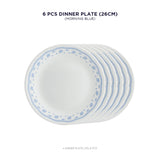 Corelle Livingware Morning Blue Glass Dinner Plate, 26 cm, 6 Pieces, White