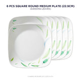 Corelle Asia Square Round Collection Dancing Leaves 22.9 cm Square Round Medium Plate Pack Of 6