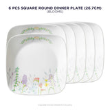 Corelle Asia Square Round Collection Blooms 26.7 cm Square Round Dinner Plate  Pack Of 6