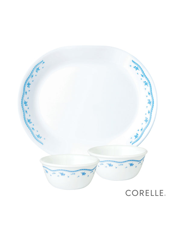 Corelle Livingware Morning Blue Oval Serving Platter (1Pc) & 177ml Katori (2Pcs) Pack of 3