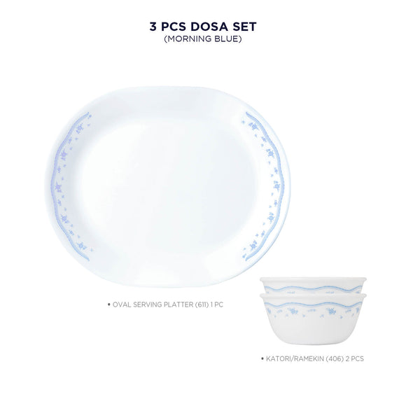 Corelle Livingware Morning Blue Oval Serving Platter (1Pc) & 177ml Katori (2Pcs) Pack of 3