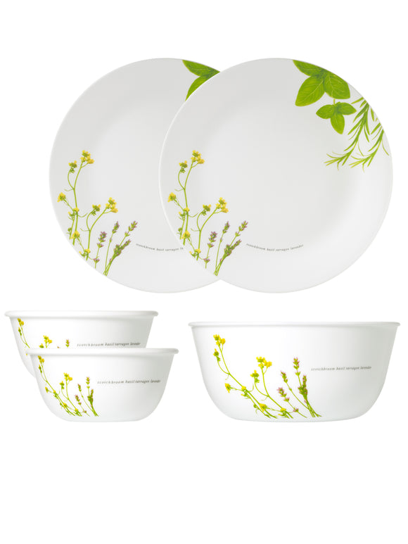 Corelle Asia Collection European Herbs 26cm Dinner Plates, 177ml Katori & 828ml Curry Bowl Pack of 5