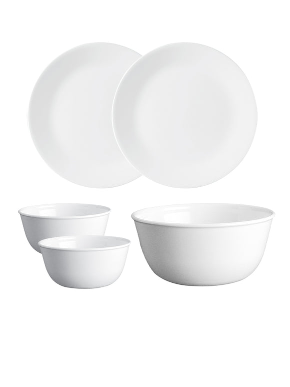 Corelle Livingware Winter Frost White 26cm Dinner Plates, 177ml Katori & 828ml Curry Bowl Pack of 5