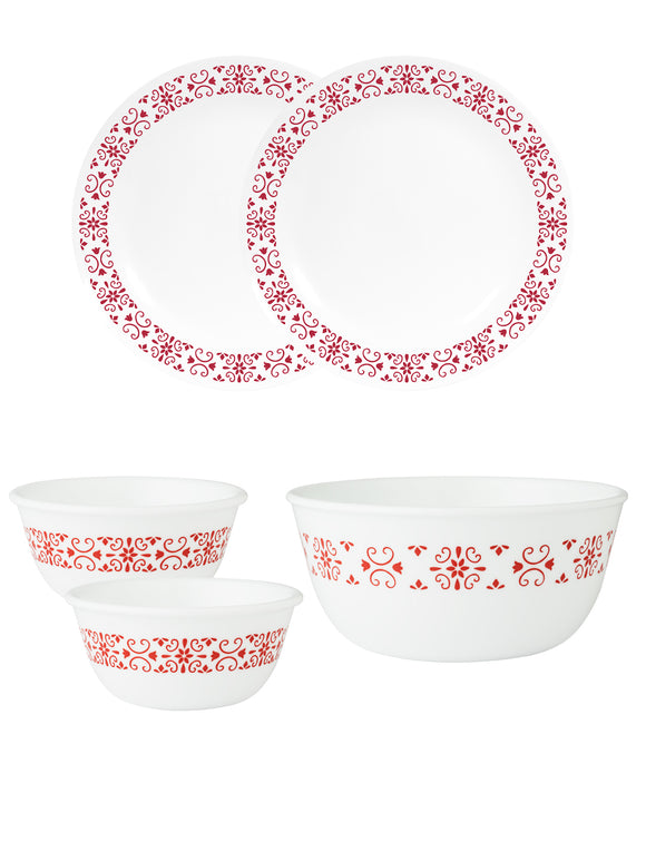 Corelle Livingware Red Trellis 26cm Dinner Plates, 177ml Katori & 828ml Curry Bowl Pack of 5