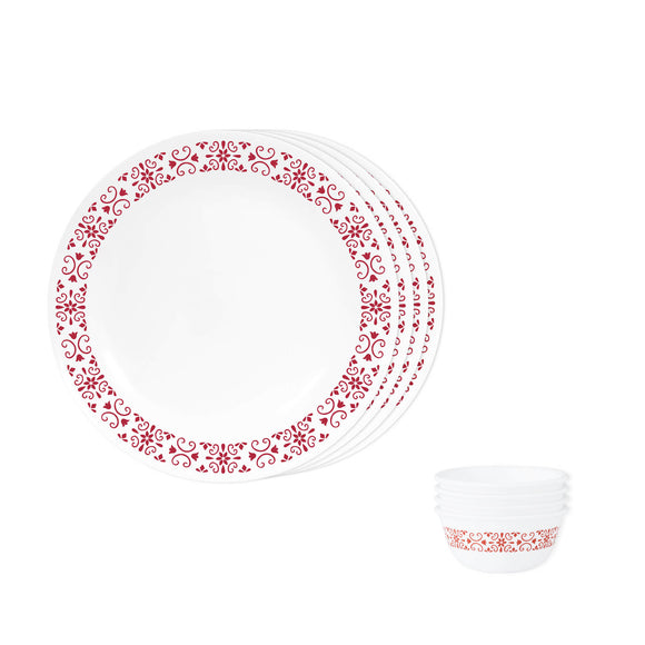 Corelle Livingware Red Trellis 4 26cm Dinner Plate & 4 177ml Katori (Pack of 8)