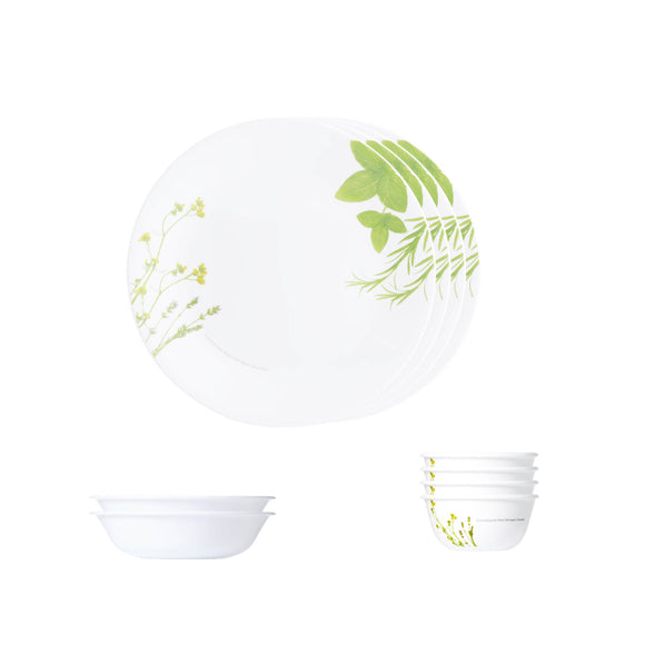 Corelle  Asia Collection European Herbs Basic / Mini / Starter Set (Pack of 10) 4 26cm Dinner Plates, 4 296ml Dessert Bowls, 2 828ml Curry Bowls