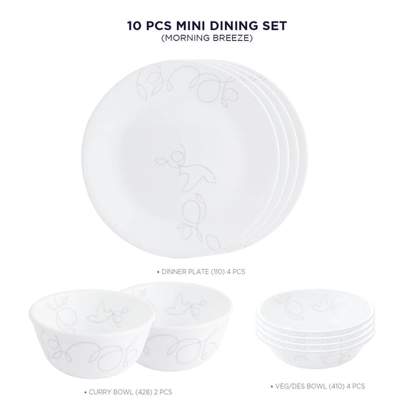 Corelle Livingware Plus Morning Breeze Basic / Mini / Starter Set (Pack of 10) 4 26cm Dinner Plates, 4 296ml Dessert Bowls, 2 828ml Curry Bowls