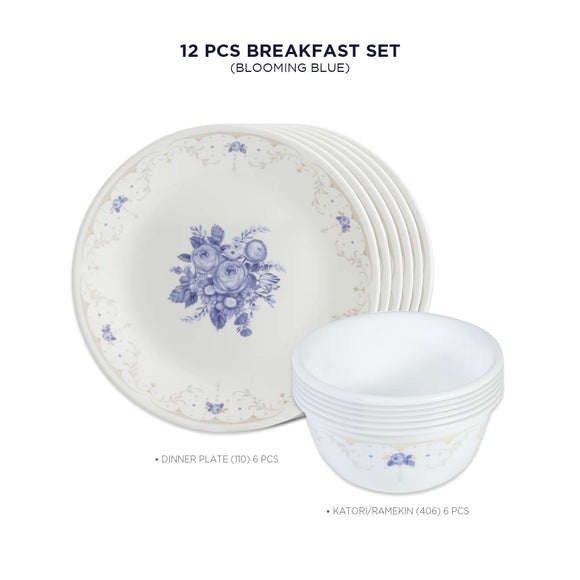 Corelle Asia Collection Gold Series Blooming Blue Breakfast Set (Pack of 12) 6 26cm Dinner Plates & 6 177ml Katori