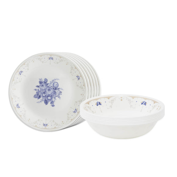 Corelle Asia Collection Gold Series Blooming Blue Breakfast Set (Pack of 12) 6 26cm Dinner Plates, 6 296ml Dessert Bowl