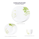 Corelle  Asia Collection European Herbs Utility Set (Pack of 12) 4 26cm Dinner Plate, 4 17cm Small Plate & 4 177 ml Katori