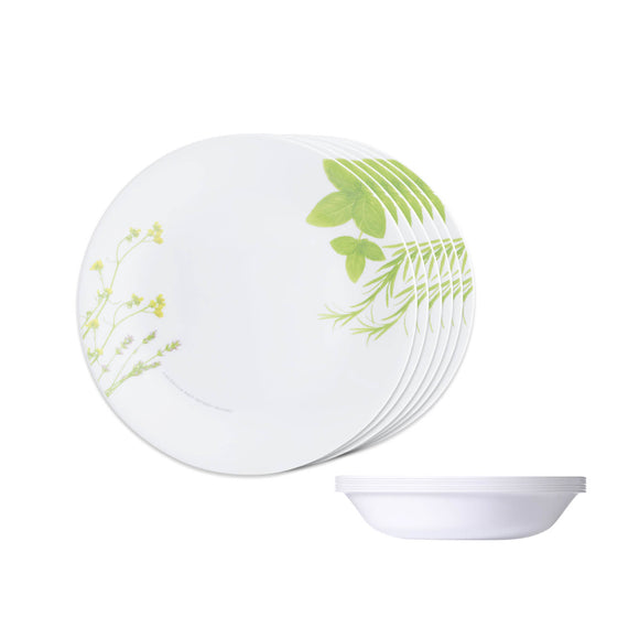 Corelle  Asia Collection European Herbs Breakfast Set (Pack of 12) 6 26cm Dinner Plates, 6 296ml Dessert Bowl