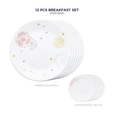 Corelle  Asia Collection Pom Pom Breakfast Set (Pack of 12) 6 26cm Dinner Plates, 6 296ml Dessert Bowl