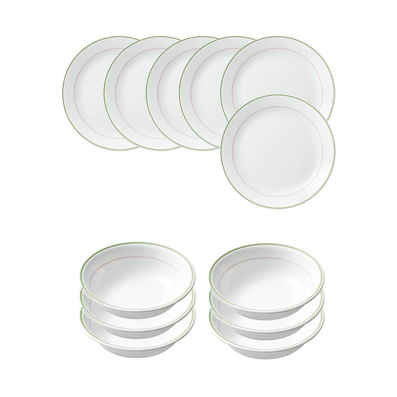 Corelle Livingware Double Ring Green Breakfast Set (Pack of 12) 6 26cm Dinner Plates, 6 296ml Dessert Bowl