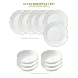 Corelle Livingware Double Ring Green Breakfast Set (Pack of 12) 6 26cm Dinner Plates, 6 296ml Dessert Bowl