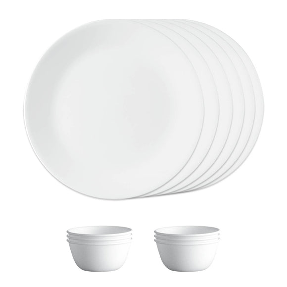 Corelle Livingware Winter Frost White Breakfast Set (Pack of 12) 6 26cm Dinner Plates, 6 296ml Dessert Bowl