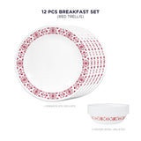 Corelle Livingware Red Trellis Breakfast Set (Pack of 12) 6 26cm Dinner Plates, 6 296ml Dessert Bowl