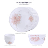 Corelle Asia Collection Gold Series Peony Bouquet 14 Pcs Dinner Set (Pack of 14) 6 26cm Dinner Plates, 6 17cm Small Plates, 2 828ml Curry Bowl