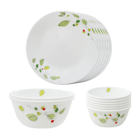 Corelle  Asia Collection Green Breeze 14 Pcs Dinner Set (Pack of 14) 6 26cm Dinner Plates, 6 177ml Katori, 2 828ml Curry Bowl