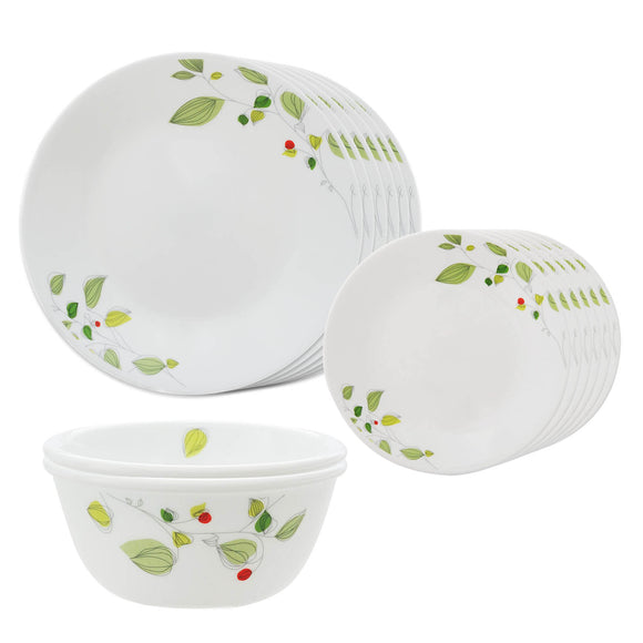 Corelle  Asia Collection Green Breeze 14 Pcs Dinner Set (Pack of 14) 6 26cm Dinner Plates, 6 17cm Small Plates, 2 828ml Curry Bowl