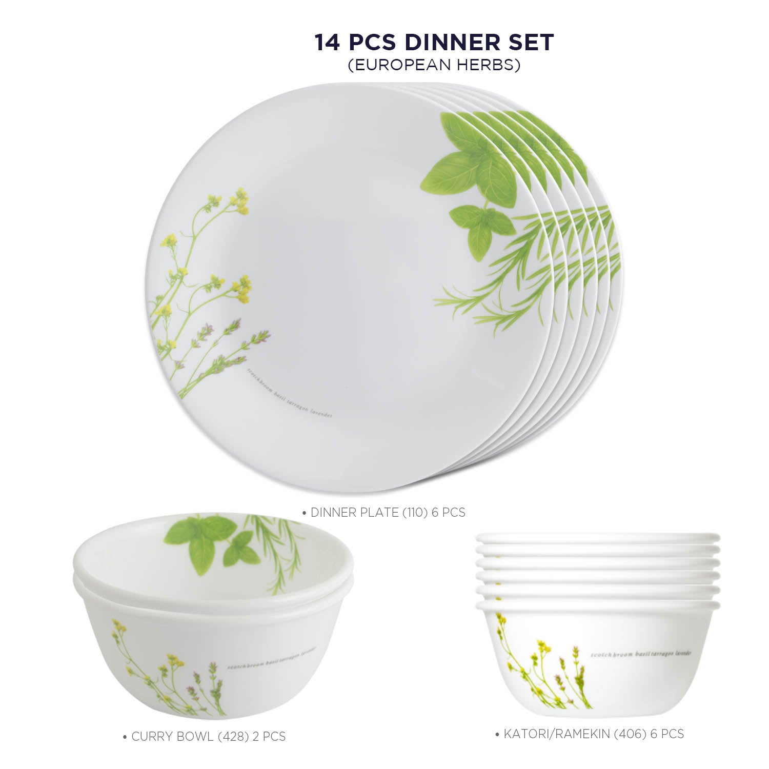 Corelle Asia Collection European Herbs 14 Pcs Dinner Set (Pack of