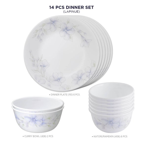 Corelle  Asia Collection Lapinue 14 Pcs Dinner Set (Pack of 14) 6 26cm Dinner Plates, 6 177ml Katori, 2 828ml Curry Bowl