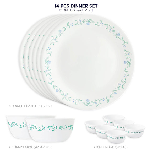 Corelle Country Cottage Glass 14Pcs Dinner Set, Multicolor