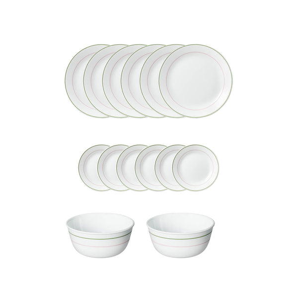 Corelle Livingware Double Ring Green 14 Pcs Dinner Set (Pack of 14) 6 26cm Dinner Plates, 6 17cm Small Plates, 2 828ml Curry Bowl