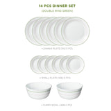 Corelle Livingware Double Ring Green 14 Pcs Dinner Set (Pack of 14) 6 26cm Dinner Plates, 6 17cm Small Plates, 2 828ml Curry Bowl