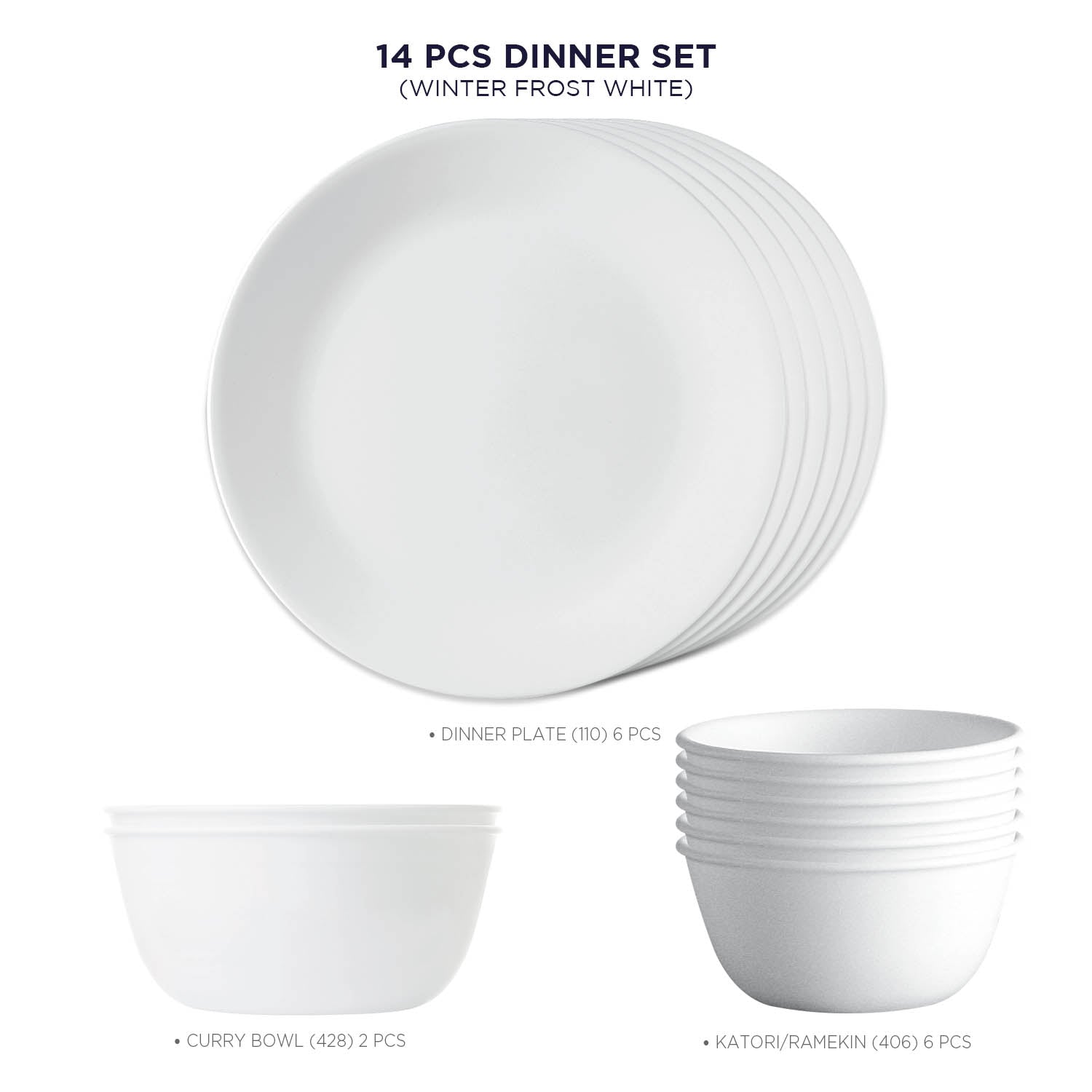 Corelle Livingware Winter Frost White 14 Pcs Dinner Set (Pack of 14) 26cm  Dinner Plates, 177ml Katori, 828ml Curry Bowl