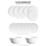 Corelle Livingware Winter Frost White 14 Pcs Dinner Set (Pack of 14) 6 26cm Dinner Plates, 6 17cm Small Plates, 2 828ml Curry Bowl