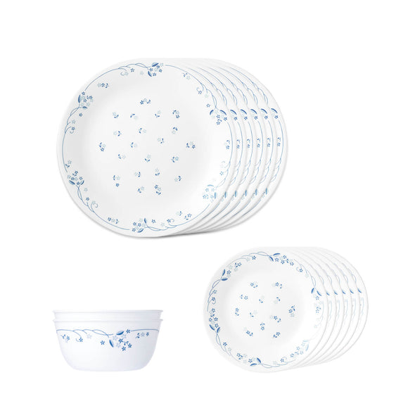 Corelle Livingware Provincial Blue 14 Pcs Dinner Set (Pack of 14) 6 26cm Dinner Plates, 6 17cm Small Plates, 2 828ml Curry Bowl