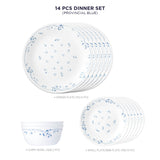Corelle Livingware Provincial Blue 14 Pcs Dinner Set (Pack of 14) 6 26cm Dinner Plates, 6 17cm Small Plates, 2 828ml Curry Bowl