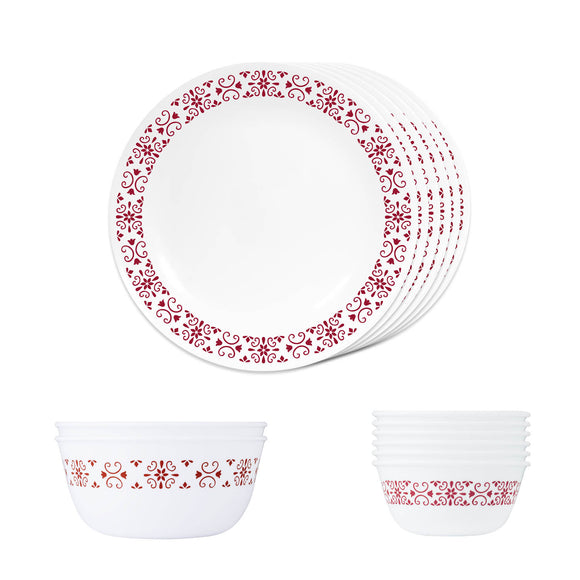 Corelle Livingware Red Trellis 14 Pcs Dinner Set (Pack of 14) 6 26cm Dinner Plates, 6 177ml Katori, 2 828ml Curry Bowl