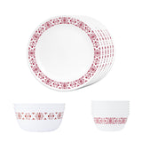 Corelle Livingware Red Trellis 14 Pcs Dinner Set (Pack of 14) 6 26cm Dinner Plates, 6 177ml Katori, 2 828ml Curry Bowl