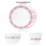 Corelle Livingware Red Trellis 14 Pcs Dinner Set (Pack of 14) 6 26cm Dinner Plates, 6 177ml Katori, 2 828ml Curry Bowl