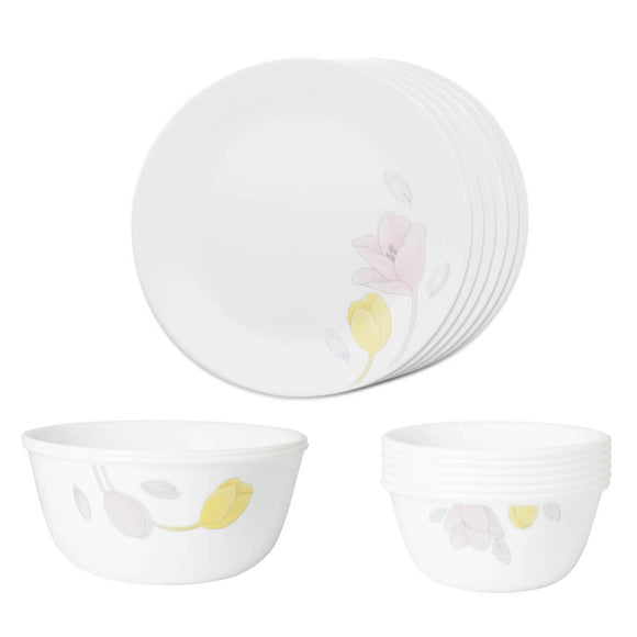Corelle Livingware Plus Elegance 14 Pcs Dinner Set (Pack of 14) 6 26cm Dinner Plates, 6 177ml Katori, 2 828ml Curry Bowl
