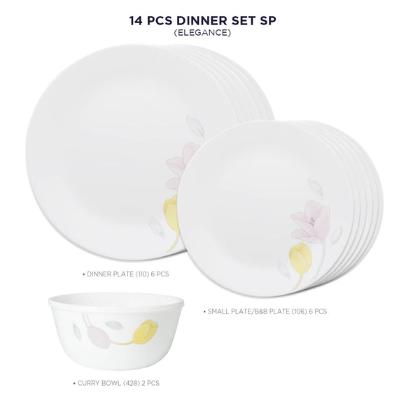 Corelle Livingware Plus Elegance 14 Pcs Dinner Set (Pack of 14) 6 26cm Dinner Plates, 6 17cm Small Plates, 2 828ml Curry Bowl