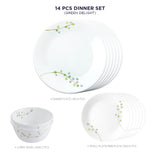 Corelle Livingware Plus Green Delight 14 Pcs Dinner Set (Pack of 14) 6 26cm Dinner Plates, 6 17cm Small Plates, 2 828ml Curry Bowl