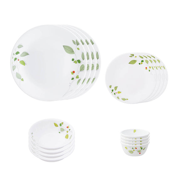 Corelle  Asia Collection Green Breeze 16 Pcs Nuclear Family Set (Pack of 16) 4 26cm Dinner Plates, 4 17cm Small Plates, 296ml Dessert Bowl & 177ml Katori