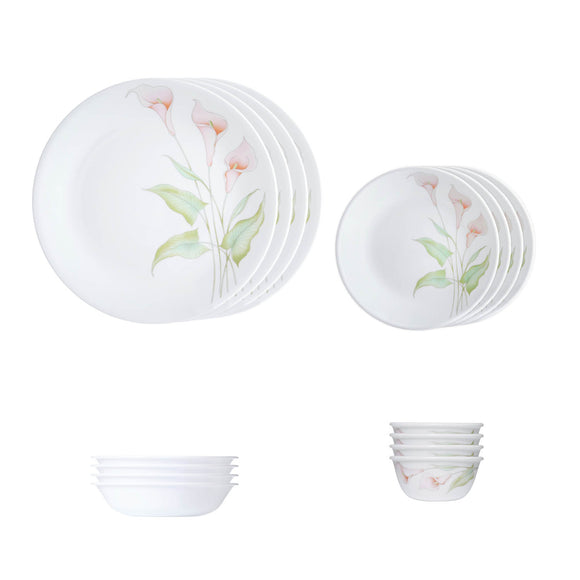 Corelle  Asia Collection Lilyville 16 Pcs Nuclear Family Set (Pack of 16) 4 26cm Dinner Plates, 4 17cm Small Plates, 296ml Dessert Bowl & 177ml Katori