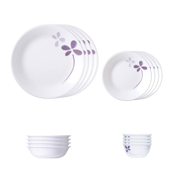 Corelle  Asia Collection Warm Pansies 16 Pcs Nuclear Family Set (Pack of 16) 4 26cm Dinner Plates, 4 17cm Small Plates, 296ml Dessert Bowl & 177ml Katori