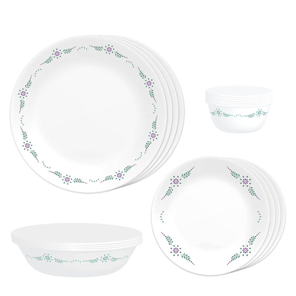 Corelle Livingware English Garden 16 Pcs Nuclear Family Set (Pack of 16) 4 26cm Dinner Plates, 4 17cm Small Plates, 296ml Dessert Bowl & 177ml Katori