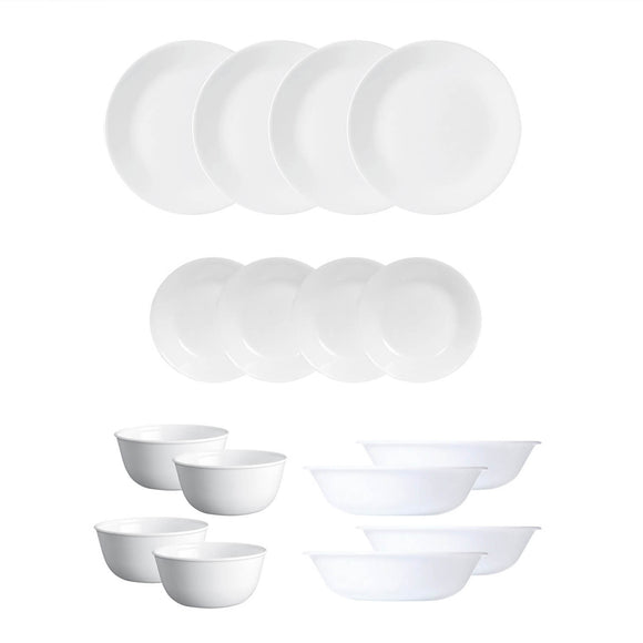 Corelle Livingware Winter Frost White 16 Pcs Nuclear Family Set (Pack of 16) 4 26cm Dinner Plates, 4 17cm Small Plates, 296ml Dessert Bowl & 177ml Katori
