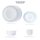 Corelle Livingware Morning Blue 16 Pcs Nuclear Family Set (Pack of 16) 4 26cm Dinner Plates, 4 17cm Small Plates, 296ml Dessert Bowl & 177ml Katori